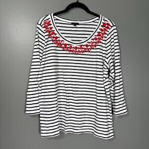 Talbots Women's Black & White Stripe Beaded Top - Size Large - Coastal Nautical